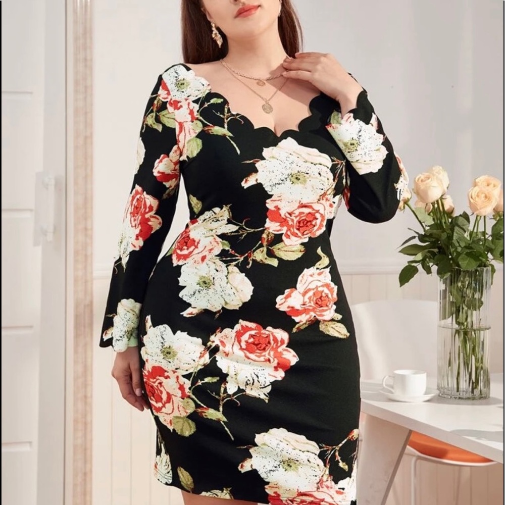 Scalloped Black Floral Dress NWOT